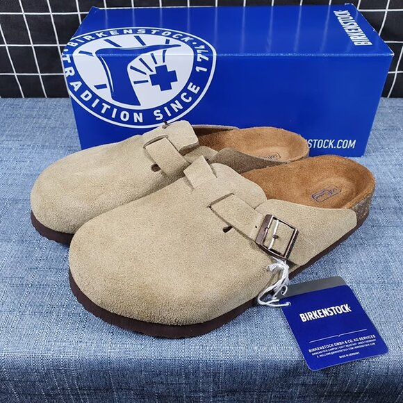 Birkenstock Shoes - Birkenstock Boston clogs suede taupe soft sole (wide)
